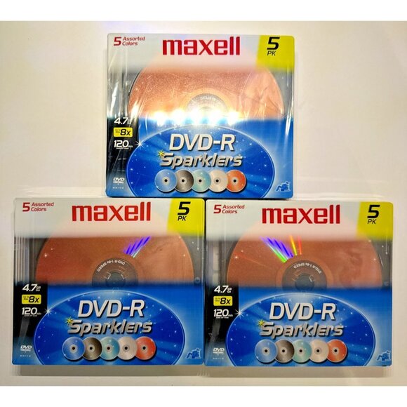 3 pkg DVD-R Sparklers Maxell 5 CD each 15 Total 5 assorted Colors 120 min 4.7 GB - Picture 1 of 5